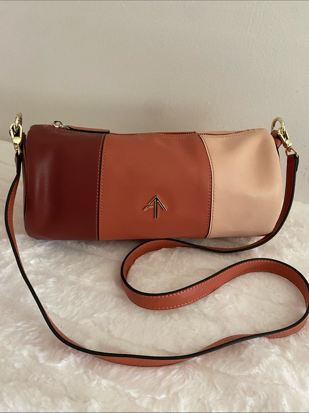 Manu Atelier Mini Cylinder Leather Shoulder Bag in Burgundy, Terracotta, & Cream